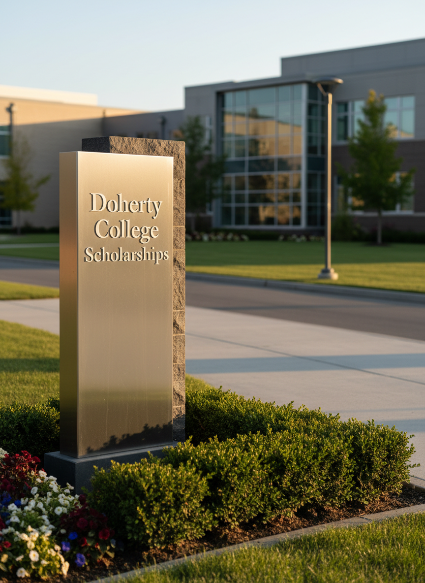 A pristine, modern college campus entrance sign made of brushed metal and dark stone, engraved with the words “Doherty College Scholarships” in elegant, professional typography. The sign stands at the edge of a manicured lawn bordered by low, sculpted boxwood hedges and neat flowerbeds in muted school colors. In the midground, stately academic buildings with large windows and simple, contemporary architecture are softly blurred. Late afternoon natural light bathes the scene in a warm, golden tone, casting long, crisp shadows along a wide concrete pathway leading toward the campus. Photographed from a slightly low angle with a rule-of-thirds composition, the sign dominates the frame as a confident focal point. The image uses photographic realism and a clean, corporate aesthetic to convey prestige, stability, and long-term academic support.
